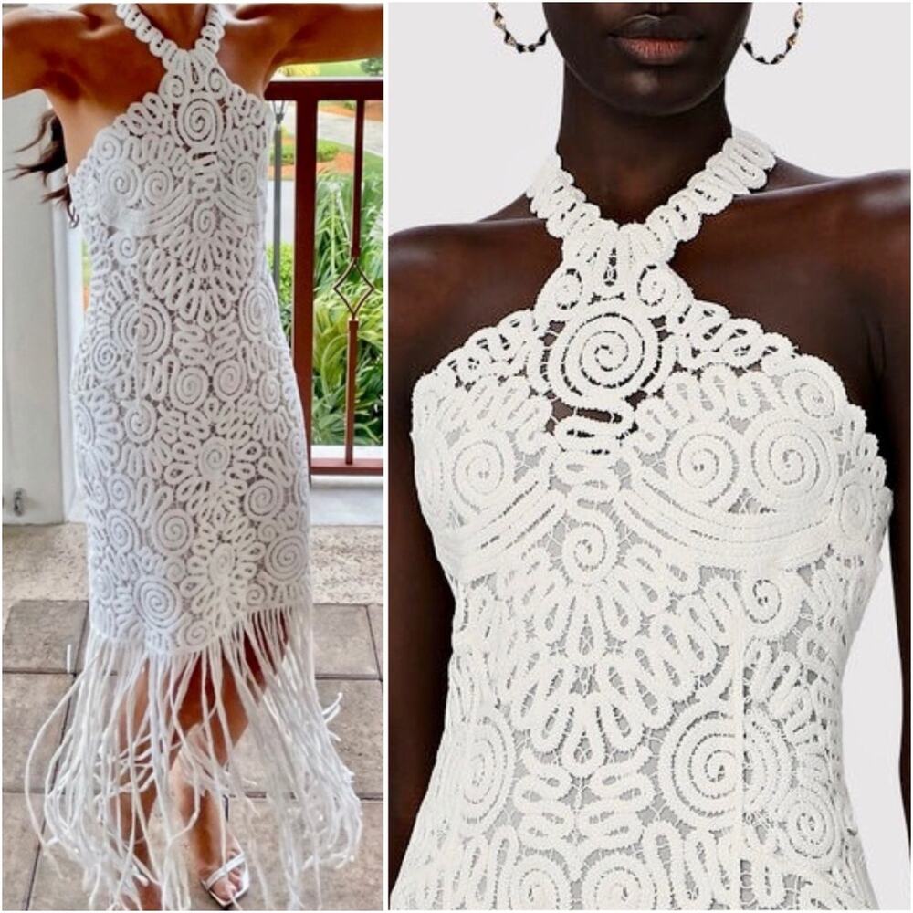 Jonathan Simkhai Alisa White Lace Fringe Halter Midi Bridal Dress size 12